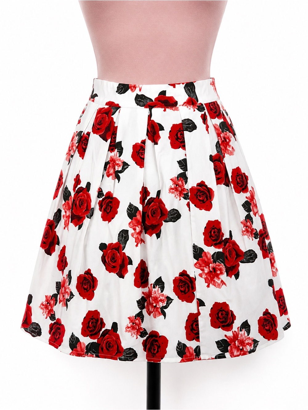 Red Rose Floral Pleated A-Line Skirt